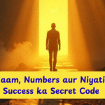 Faceless silhouette of a man standing on a golden path with spiritual light and ancient number symbols, representing name, numerology, and destiny