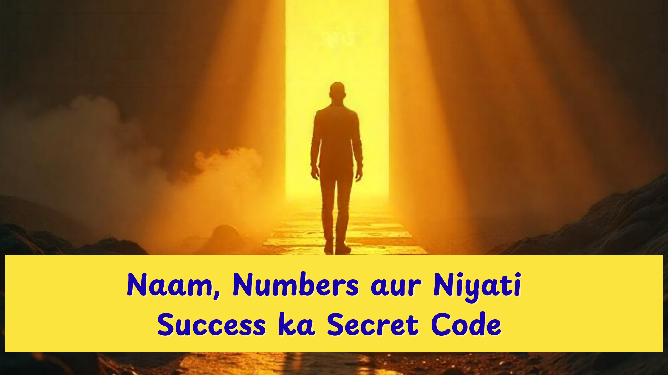 Faceless silhouette of a man standing on a golden path with spiritual light and ancient number symbols, representing name, numerology, and destiny